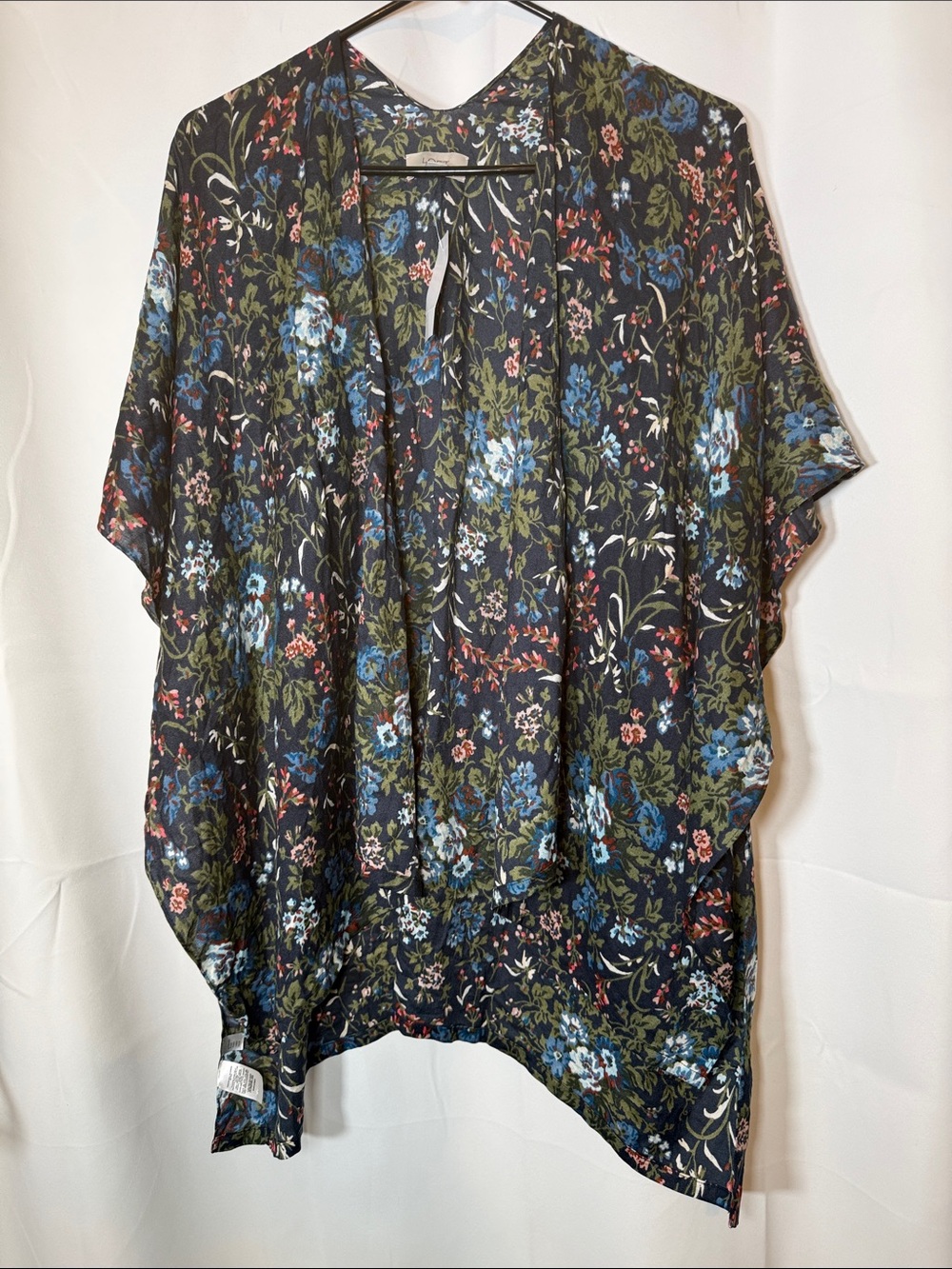 LOFT Black Floral Open-Front Kimono with Blue & Green Accents-size M/L